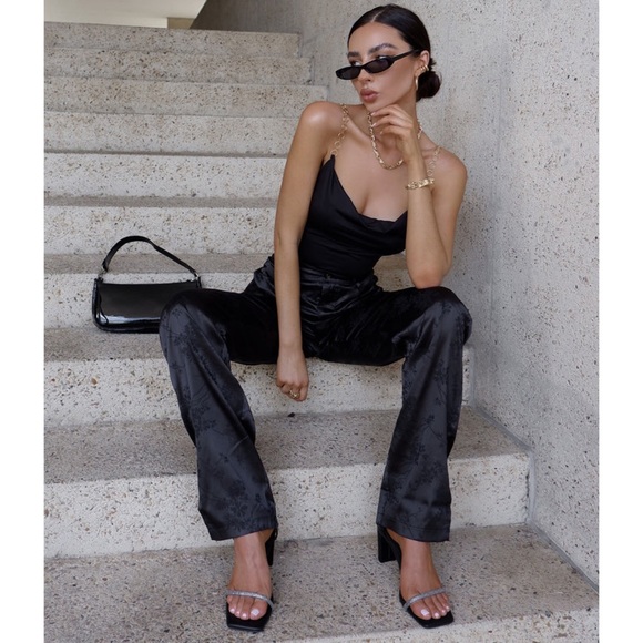 Lioness St Germain Black Silk Slit Hem Relaxed Fit High Waist Pant - Picture 8 of 9